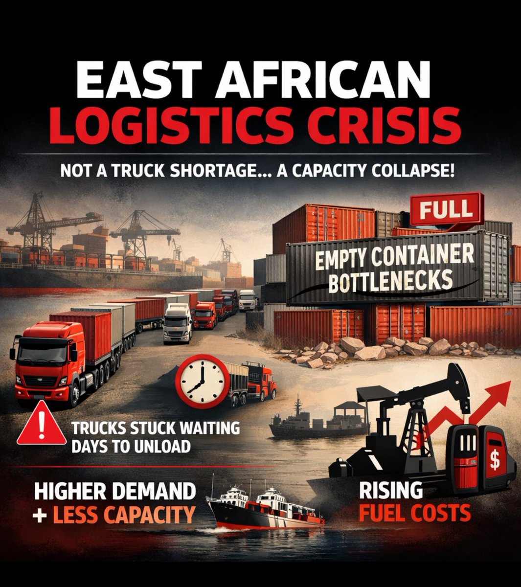 Everyone is calling the current situation in East African logistics a truck shortage.

It’s not.

It’s a capacity collapse.

A Mombasa–Kampala truck used to complete ~4 trips per month. Today many can only do 2 because empty container depots are full and trucks wait days just to