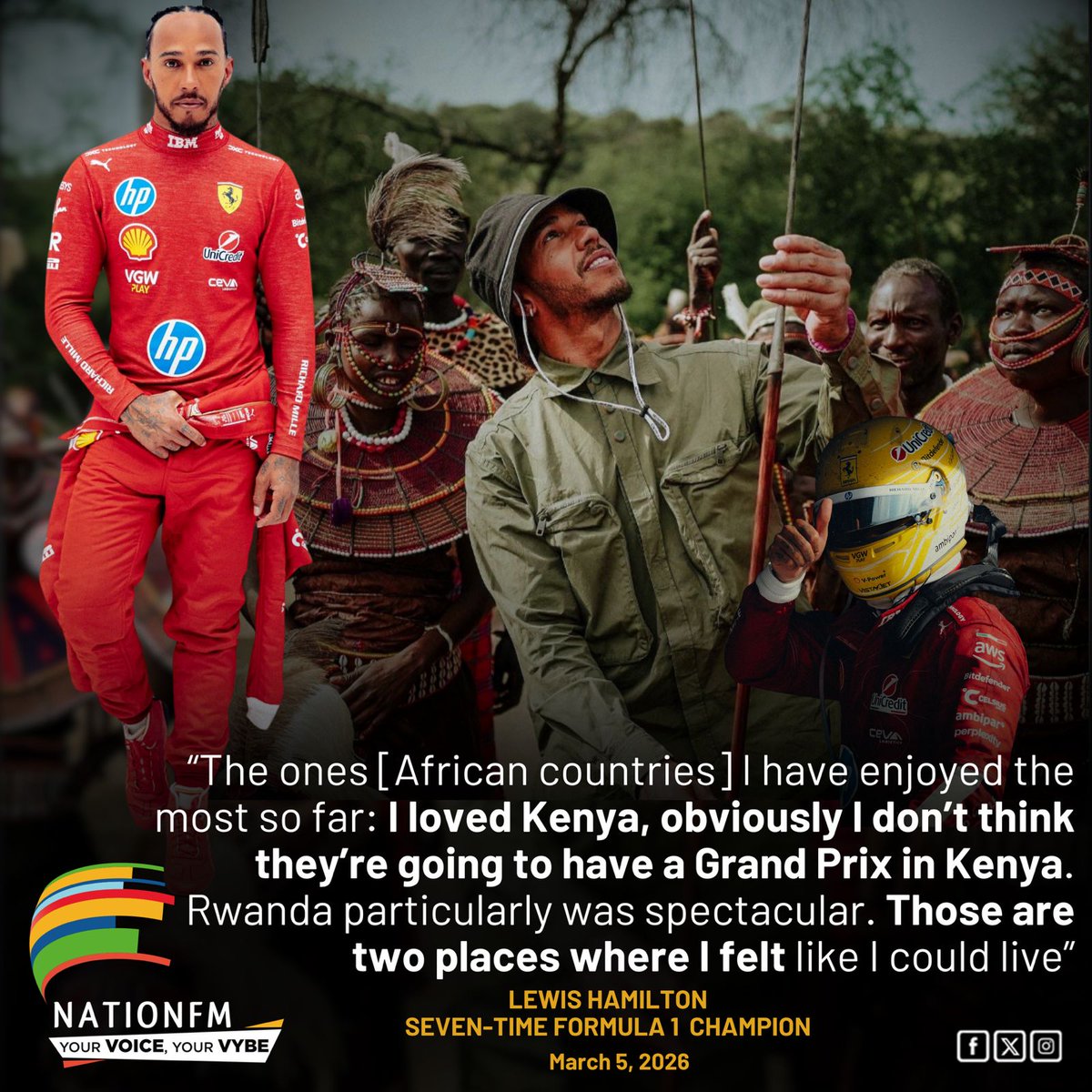 NationFmKE's tweet photo. Seven-time Formula 1 champion Lewis Hamilton says Kenya as one of the African countries he could live in.
#NationFM #NationFMNews #NationFMUpdates https://t.co/ahnVHGJjG4