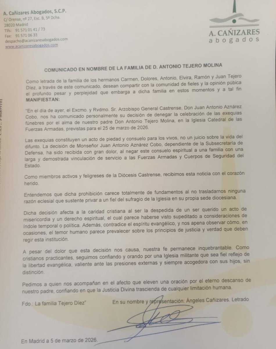 Este miserable es el Arzobispo General Castrense, D. Juan Antonio Aznarez Cobo que niega  a la familia de Antonio Tejero la celebración del funeral por su alma en la Iglesia Arzobispal.