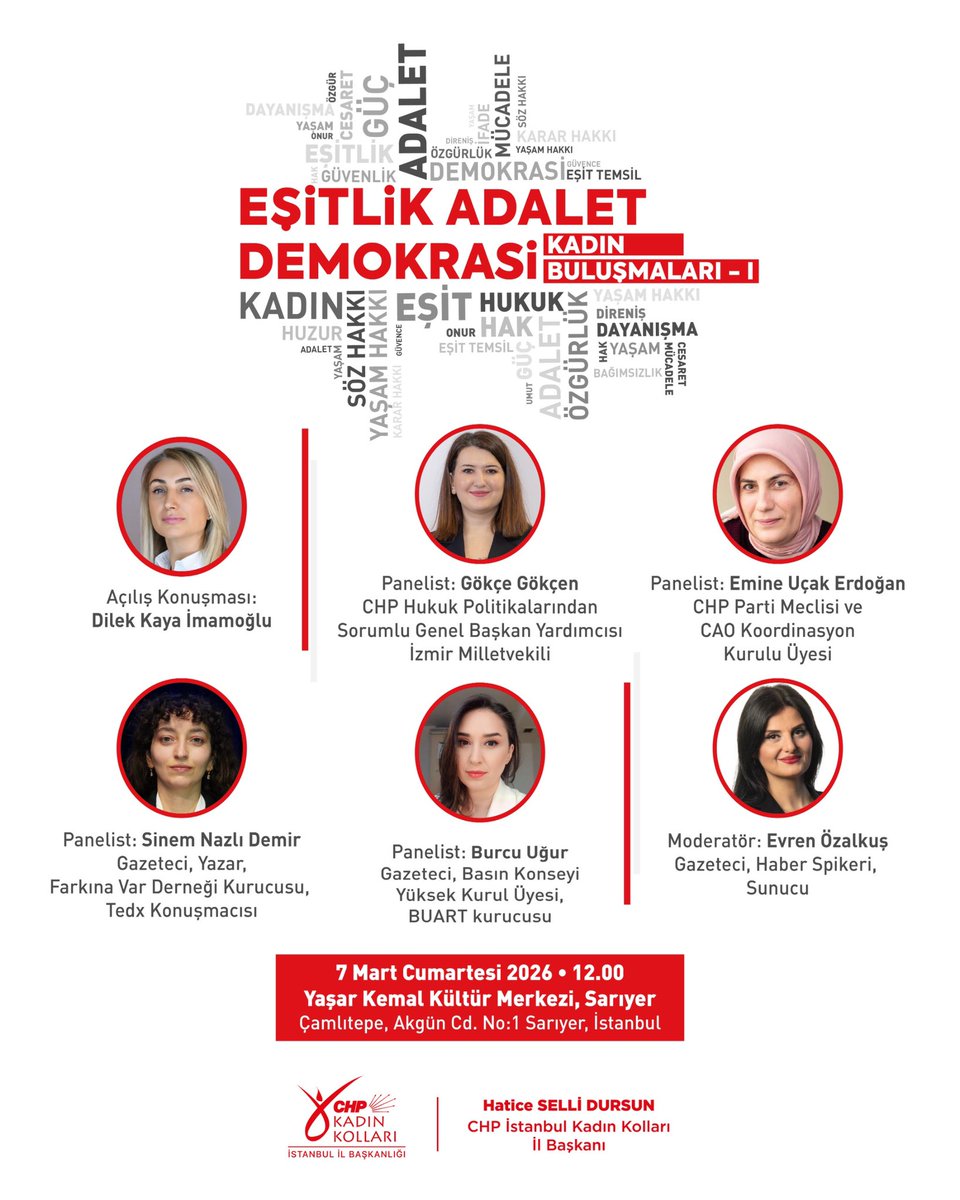 Eşitlik, adalet ve demokrasi mücadelesinde kadınlar buluşuyor.

Kadınların yaşam hakkını, eşit yurttaşlığını ve özgürlüğünü savunmak için; dayanışmayı büyütmek, mücadeleyi güçlendirmek üzere Kadın Buluşmalarında bir araya geliyoruz.

Açılış konuşmasını Dilek Kaya İmamoğlu’nun