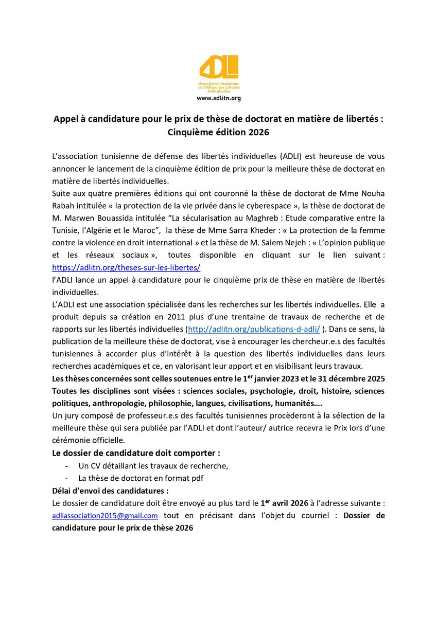 ADLItn's tweet photo. 🎓 Appel à candidatures – Prix de thèse ADLI 2026 (5ᵉ édition)
Prix récompensant la meilleure thèse de doctorat sur les libertés individuelles.
📚 Thèses soutenues entre 2023 et 2025
📅 Date limite : 1er avril 2026
📩 adliassociation2015@gmail.com
🔗 https://t.co/2xvRL5FWeM https://t.co/9l8grsym0x