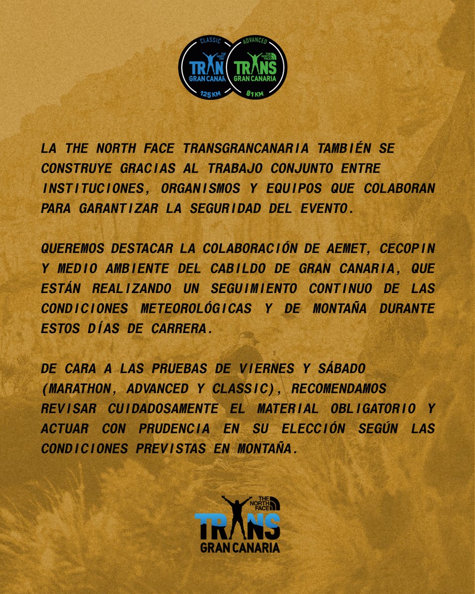 TransGC's tweet image. ⚠️ Previsión meteorológica especial para #TGCClassic y #TGCAdvanced 

Según la previsión especial de @AEMET_Canarias, se recomienda revisar el material obligatorio y afrontar la carrera con prudencia.

🇬🇧 Special weather forecast!

@gctourism | #GranCanaria | @TheNorthFaceEU