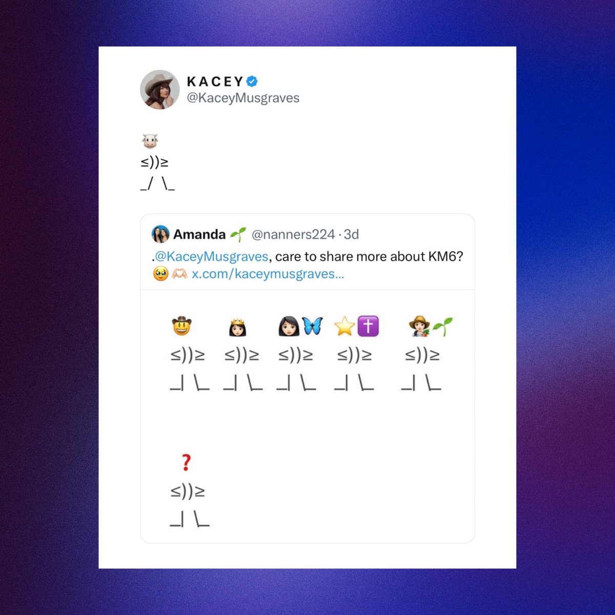 PopBase's tweet image. Kacey Musgraves teases her next era ‘KM6’ in response to a fan.