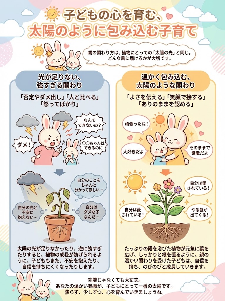 子どもの心は、小さな芽のようなものです。ダメ出しや人との比較ばかりでは、不安や自己否定が育ってしまいます。よいところを伝え、笑顔で包み込みます。十分な愛情を受けた子は、安心して根を張り、のびのび成長します。