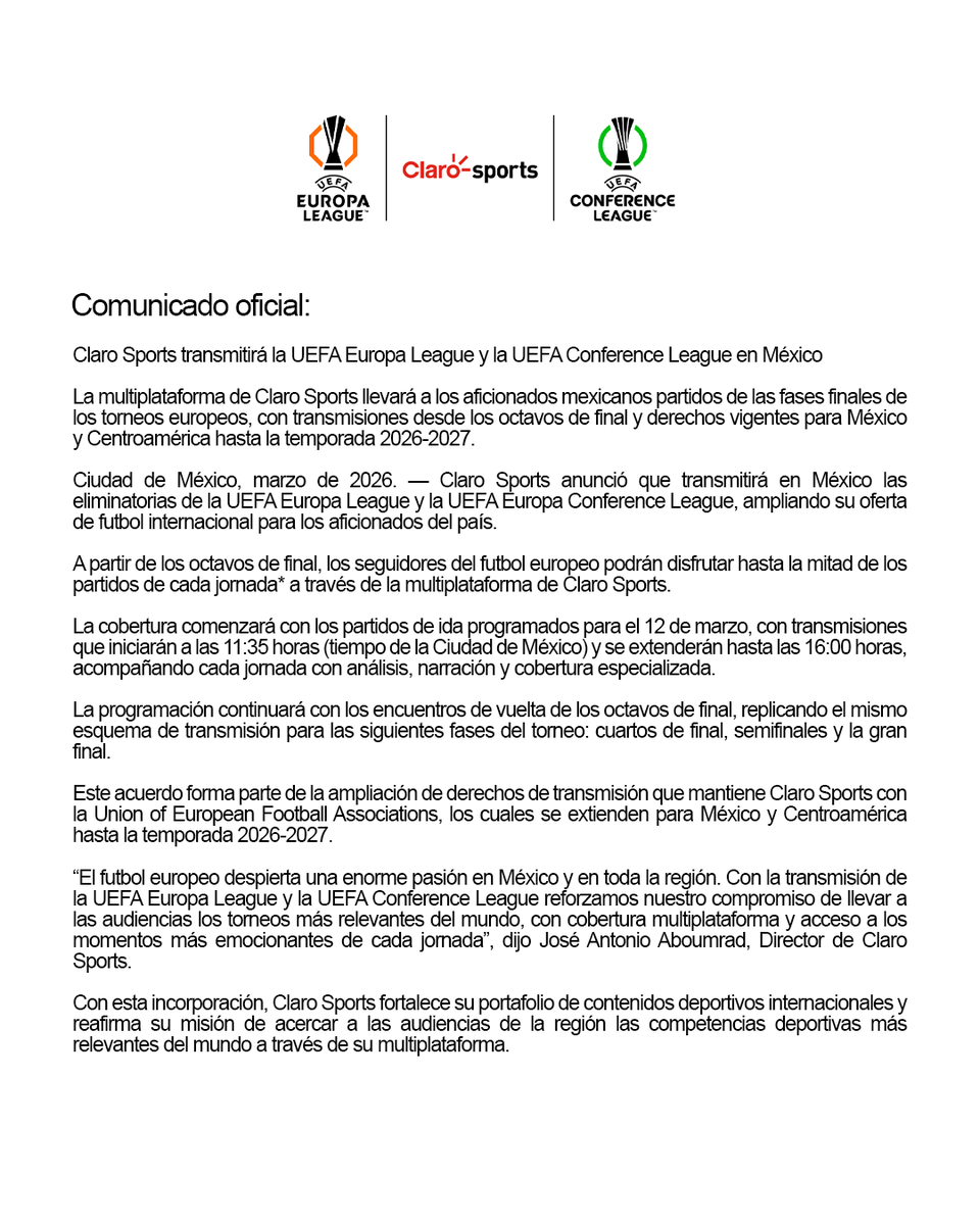 COMUNICADO OFICIAL🚨

Claro Sports transmitirá en México las fases finales de la UEFA Europa League y la UEFA Europa Conference League extendiéndose en la temporada 2026-2027

Los aficionados podrán seguir partidos desde los octavos de final con cobertura y análisis a través de