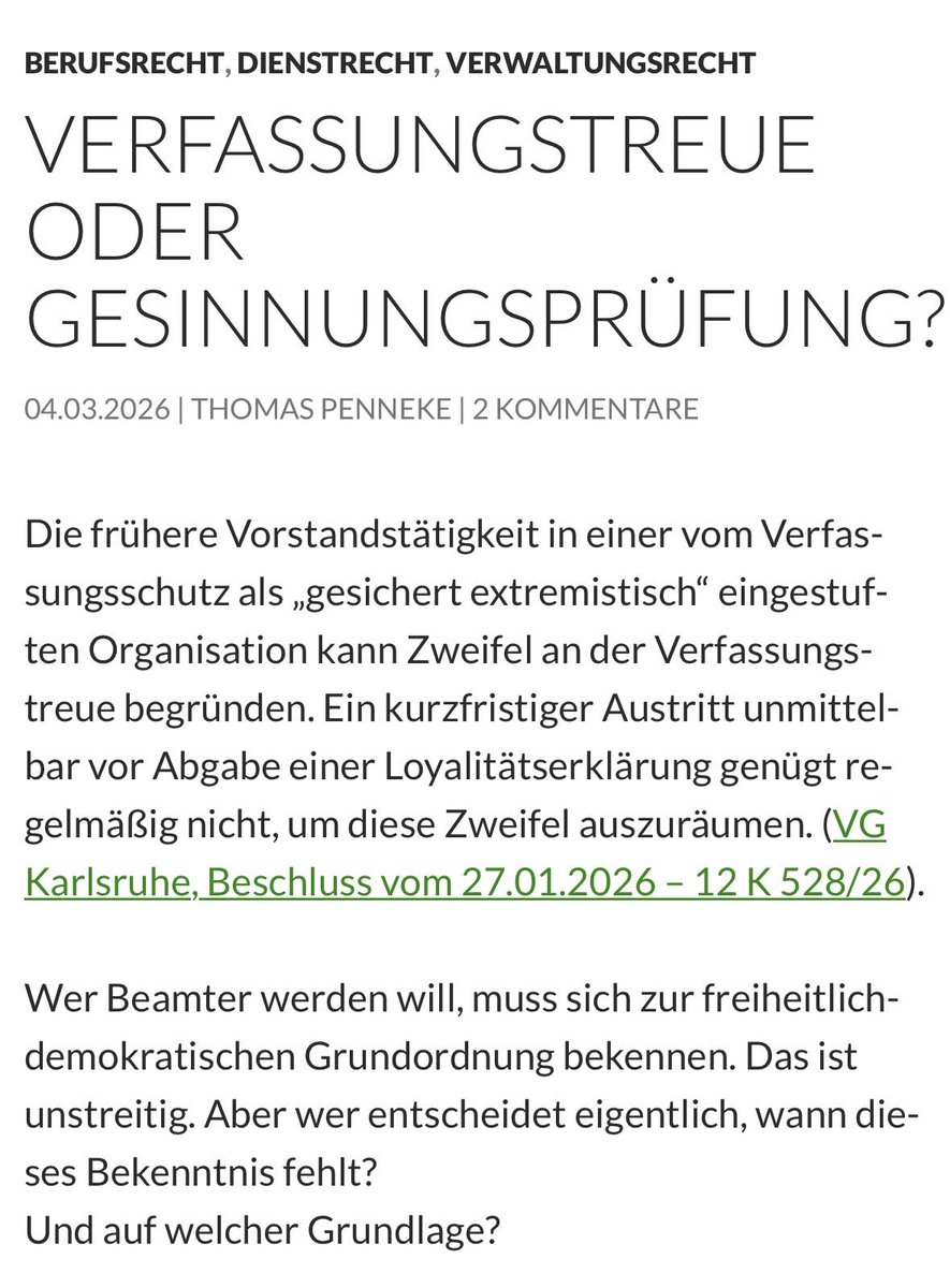 Beamtenstatus verloren wegen früherer JA-Vorstandstätigkeit.

Eine heikle Entscheidung! Warum ich das so sehe? Dafür ist die heutige Gutenachtgeschichte: 
blog.strafrecht-mv.de/verfassungstre…

#Penneke #Verfassungsschutz #afd #Beamter #RechtAlltag