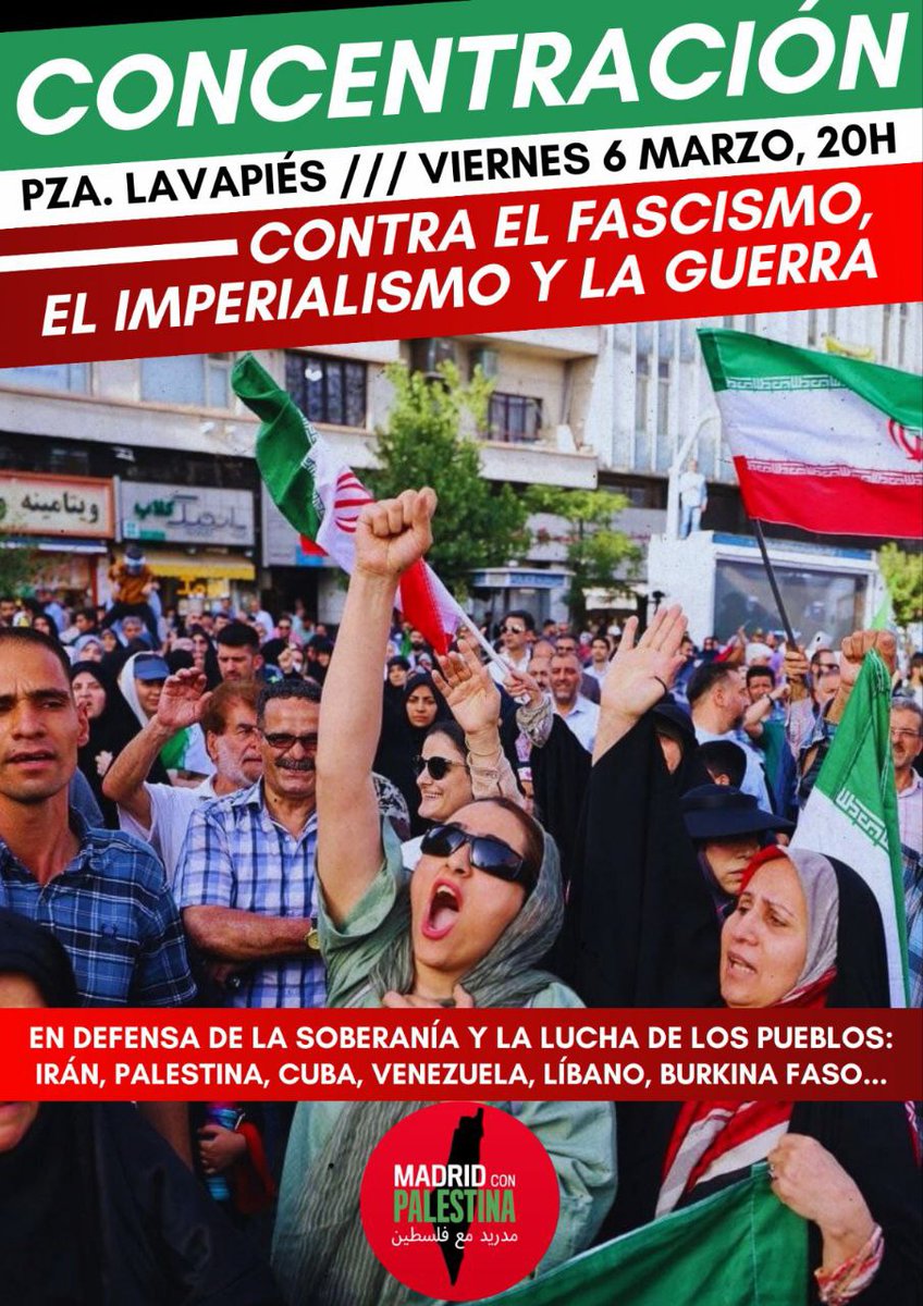 YescaCastilla's tweet photo. ‼️Mañana en Burgos y Madrid las organizaciones antiimperialistas convocan a movilizarse por la soberanía de los pueblos, la paz y contra los ataques imperialistas en Irán, Palestina, Líbano, Venezuela, Yemen, Cuba...
¡Paremos los pies al proyecto nazi-sionista de los EEUU! https://t.co/ggOGoTAWAz