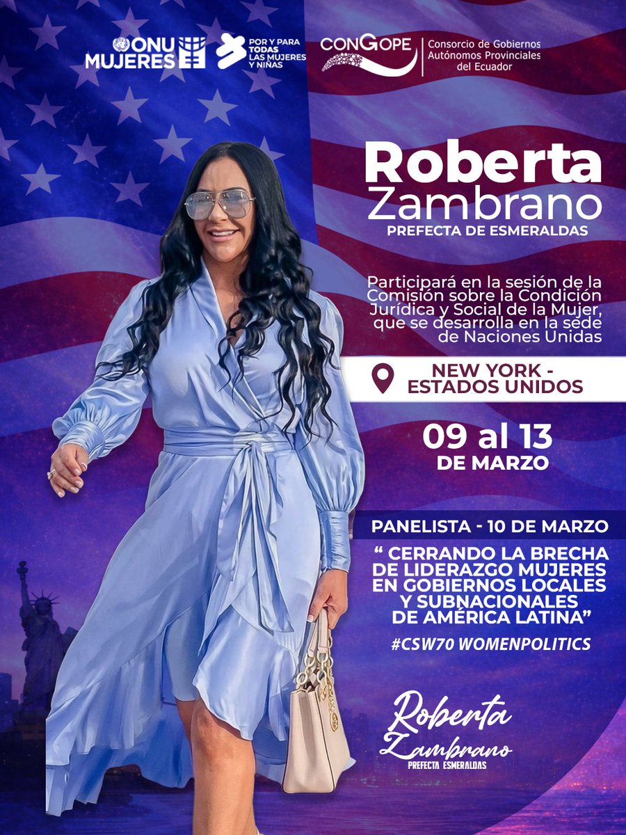 PrefecturaESM's tweet photo. Nuestra prefecta y vicepresidente del Congope, Roberta Zambrano participará en la Comisión de la Condición Jurídica y Social de la Mujer en la sede de Naciones Unidas, en Nueva York, del 9 al 13 de marzo.

📢 Comparte y acompáñanos a visibilizar a Esmeraldas en el mundo. 🌎 https://t.co/uok5LsxOhE