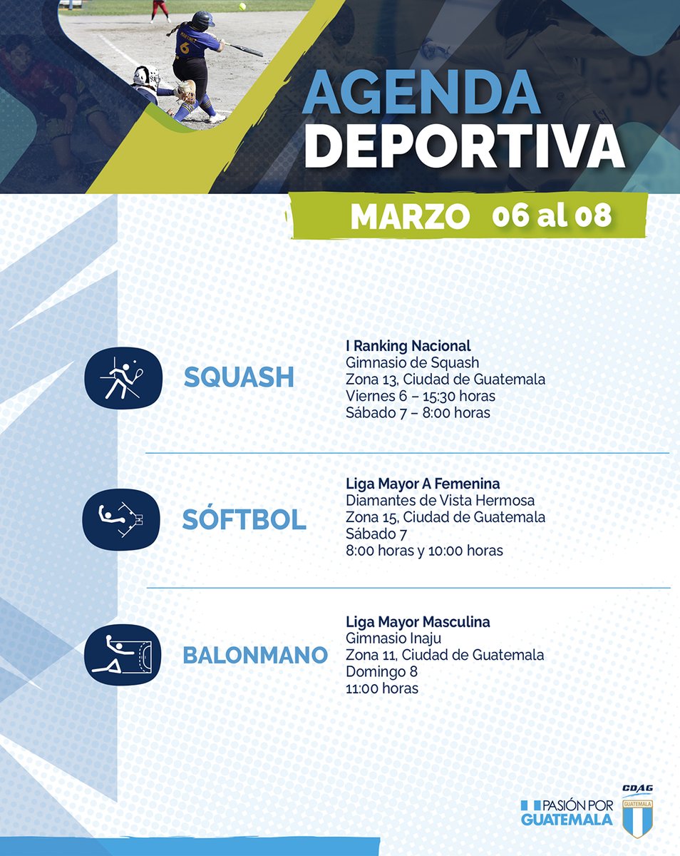 CDAG_Guatemala's tweet image. 📆💙 Consulta nuestra agenda deportiva y entérate de los eventos del deporte federado que se realizarán este fin de semana 💪🇬🇹

#Guatemala #Deportes #Atleta #Agenda #AgendaDeportiva