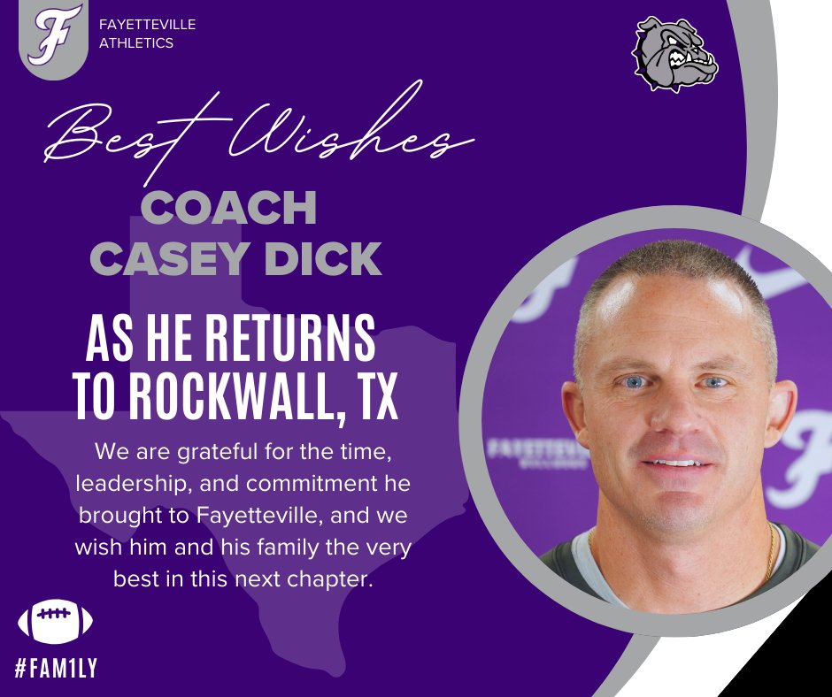 FayBulldogs's tweet photo. We are incredibly grateful for the time we’ve had with Coach Casey Dick at Fayetteville High School. His leadership and dedication have helped guide our program to a state championship while inspiring a passion for the game in countless student-athletes.
Coach Dick has helped shape young men to succeed both on the field and in their future.
We wish Coach Dick and his family all the best as they return home to Rockwall, Texas.
FHS has begun an extensive and thorough search for our next Head Football Coach that will create a culture of Excellence. Apply online ….
- Steve Janski, Director of Athletics