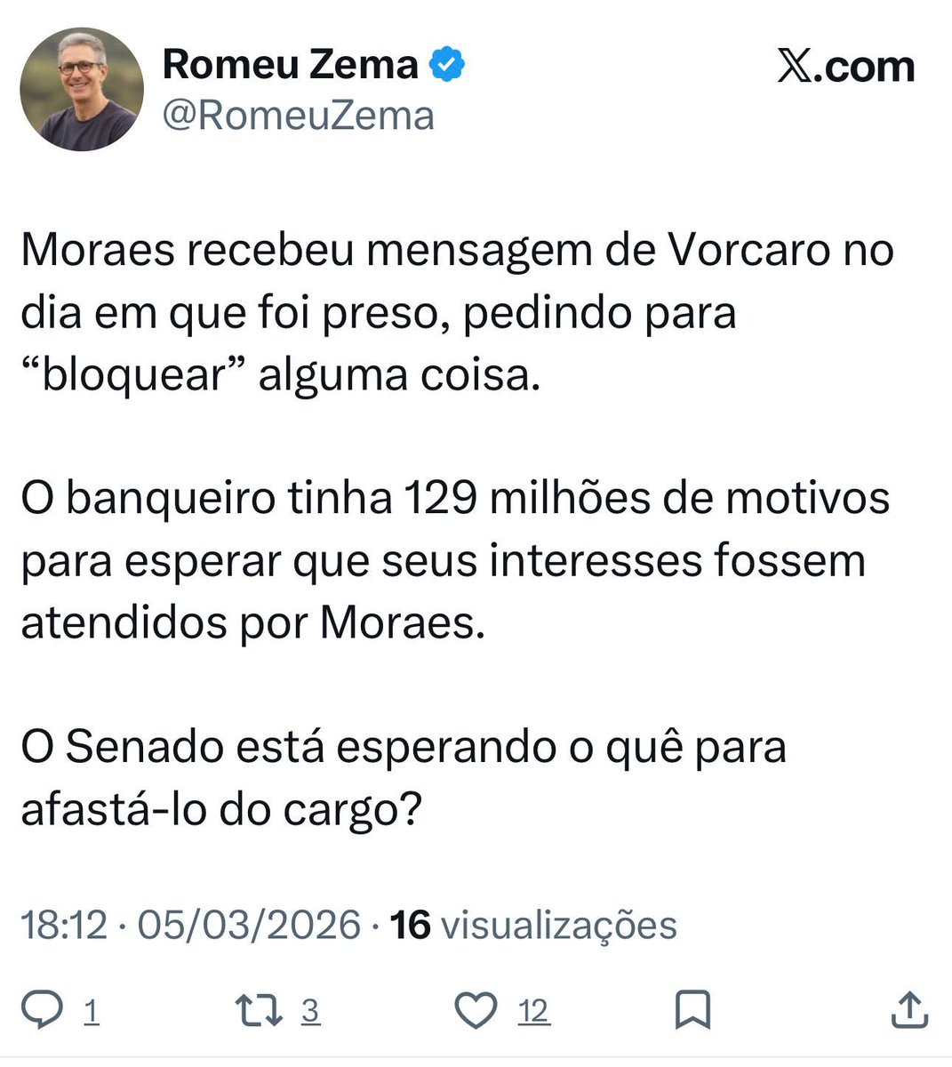 Parabéns pelo posicionamento corajoso, governador! O Careca do Master precisa ser preso!