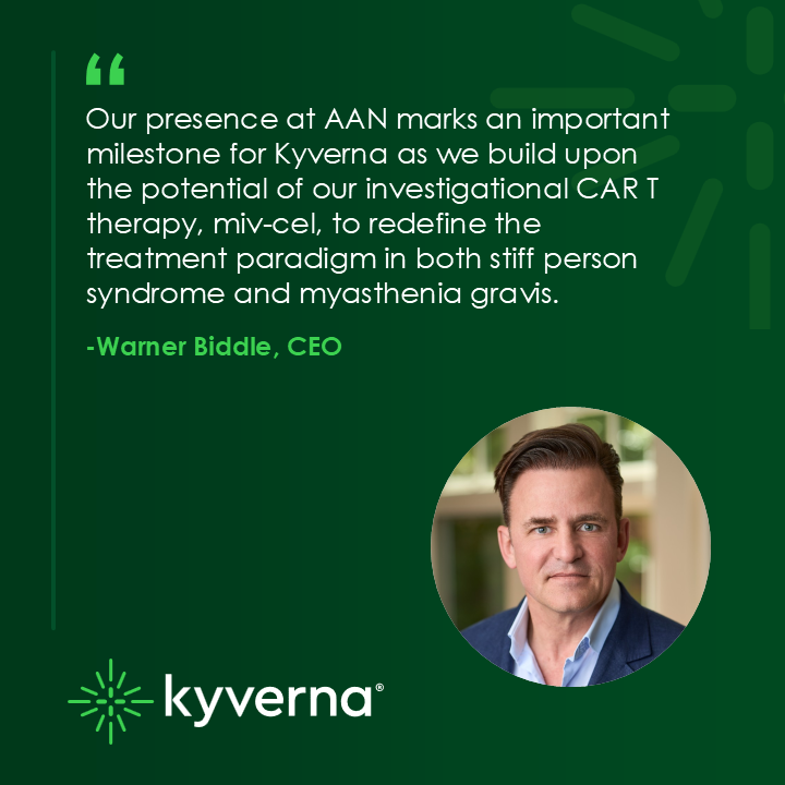 Kyverna_Tx's tweet photo. We will be presenting new data from our neuroimmunology franchise in stiff person syndrome and generalized myasthenia gravis at the American Academy of Neurology 2026 Annual Meeting April 18-22. We hope to see you in Chicago! Read more: https://t.co/cxhHsgq1Ig

#AAN2026 #SPS #MG https://t.co/D2UmiWWqWK