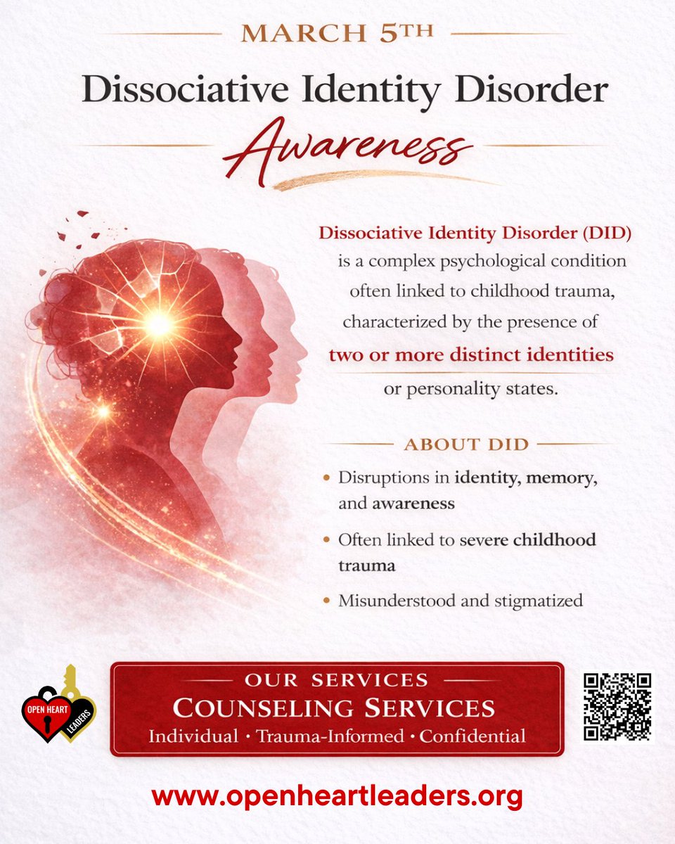 OpenHeartLeader's tweet photo. At Open Heart Leaders, we provide trauma-informed, confidential counseling services for those seeking support. If you want more information about this disorder or our counseling services, visit the link in our bio.
#DIDAwareness #OpenHeartLeaders #HealingCommunities https://t.co/4PKk3Vw4IU