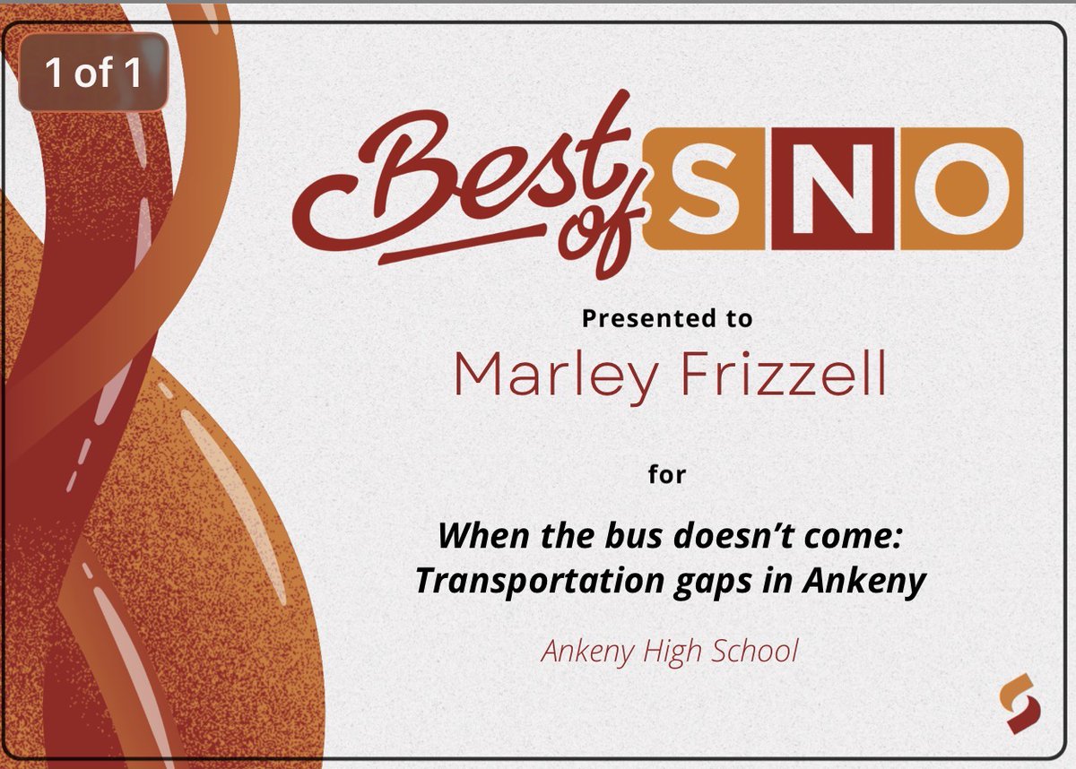 The awards keep coming! Huge shoutout to Marley Frizzell for earning her 1st @bestofsno award! Her deep dive into Ankeny’s transportation gaps is officially one of the best student stories in the nation.
Check out the report that everyone is talking about: ahstalonnews.com/5291/news/when…