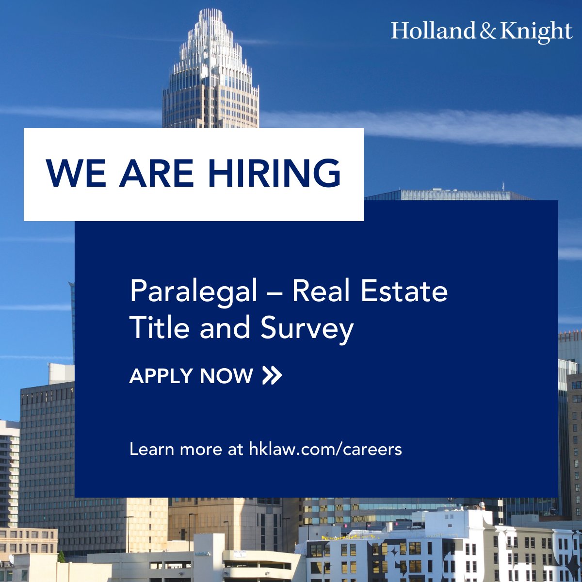 Holland_Knight's tweet image. Our #Charlotte office is seeking a #paralegal with strong title and survey experience to support our #RealEstateFinance practice. This role is hands-on with commitments, endorsements, ALTA/NSPS surveys, title exceptions and clearance, and involves partnering with attorneys and