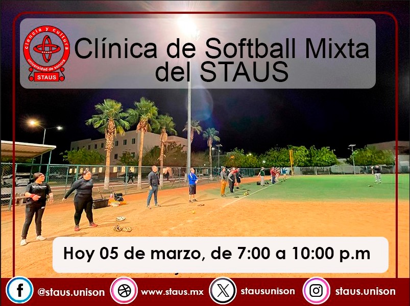 stausunison's tweet image. 📢 AVISO: Hoy jueves 05 de marzo, la Clínica de Softbol Mixta #STAUS extiende su horario de 7:00 a 10:00 p.m. 🥎

Tendremos juego amistoso contra el representativo femenil de la #UNISON en el Campo #1  de la Universidad de Sonora.

¡Te esperamos!