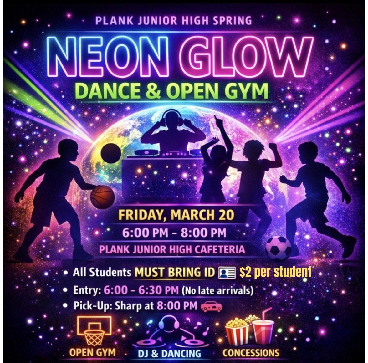 Save the date for Friday, March 20th. The Plank HSA Spring GLOW Dance and Open Gym will run from 6 to 8 pm. Entry costs $2 per student, and don’t forget to bring your student ID. See the flyer for more info.