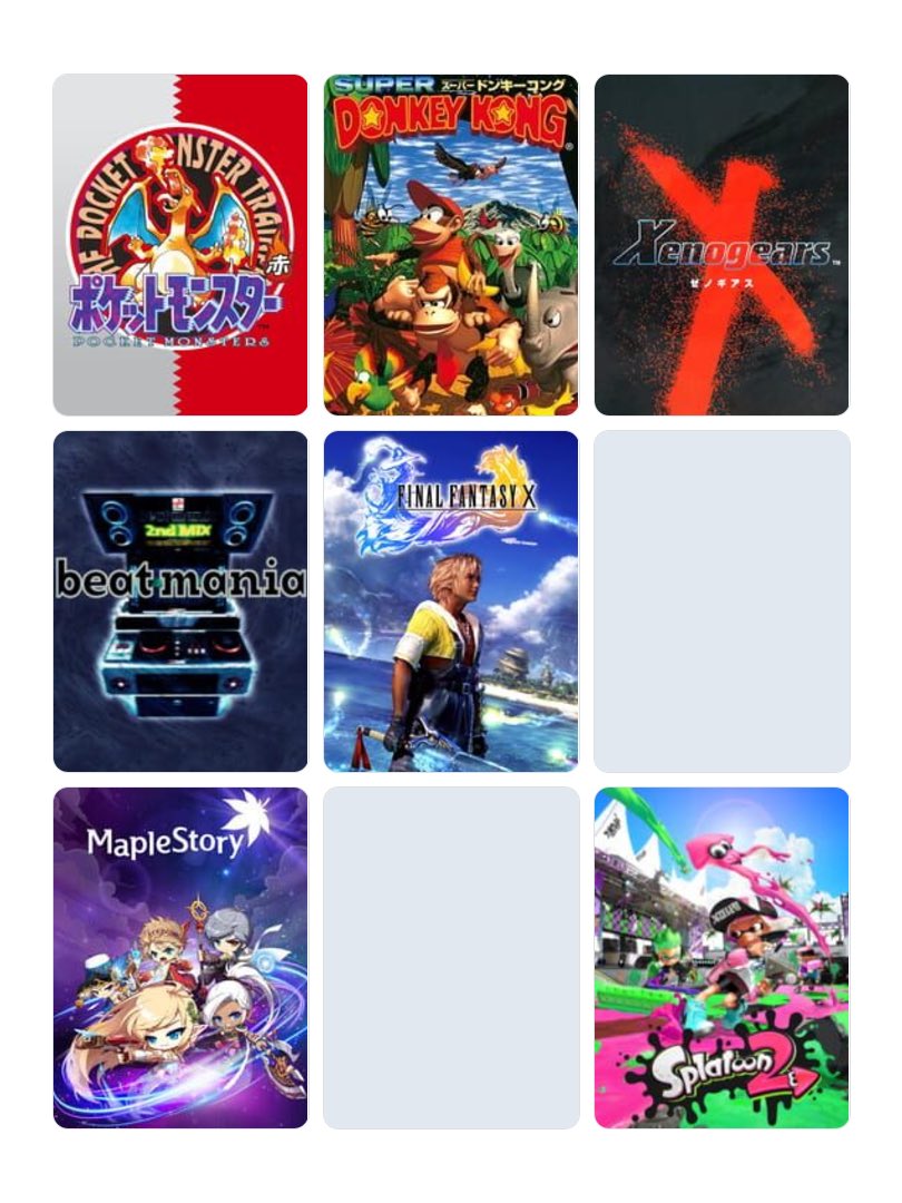 TaQme's tweet photo. 私を構成する9つのゲーム
1. ポケットモンスター 赤
2. スーパードンキーコング
3. ゼノギアス
4. ビートマニア
5. ファイナルファンタジーX
6. Hangame
7. メイプルストーリー
8. Tenvi
9. スプラトゥーン 2
#My9Games #私を構成する9つのゲーム
https://t.co/in67N1r5zW https://t.co/6X3Ls43eCW