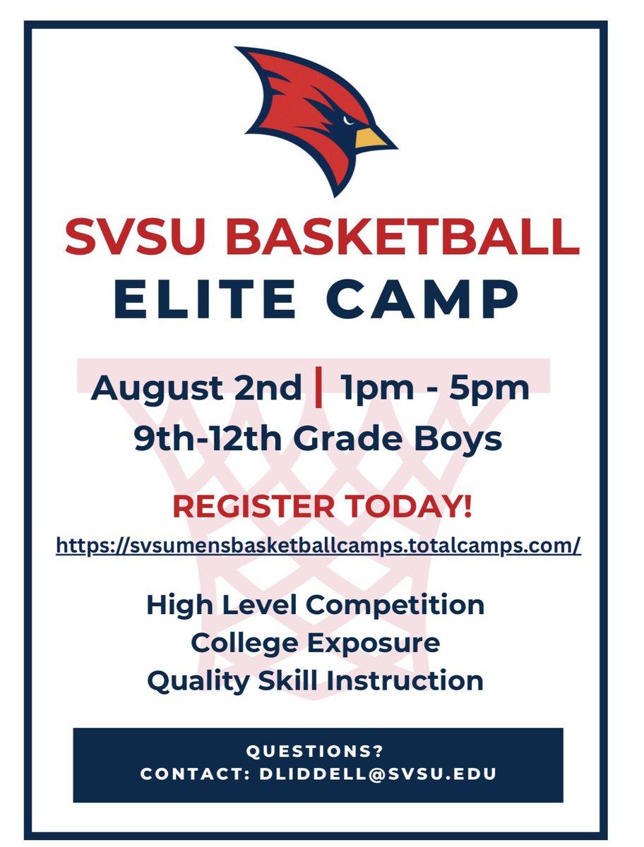 SVSU_MBB's tweet photo. Registration is now OPEN for our Elite Camp on August 2nd!Spots are limited—secure yours today!
#SVSU #EliteBasketballCamp #Basketball                           https://t.co/JWyUiuXXjN https://t.co/Mwb5mkIKYN