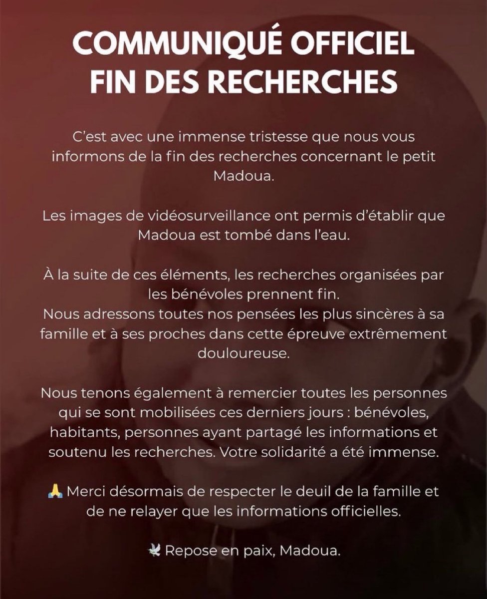 🚨🇫🇷🕊️ ALERTE INFO | Le petit Madoua est décédé. Les caméras de vidéosurveillance de Neuilly-Plaisance ont "permis d’établir que Madoua est tombé dans l’eau". (famille)