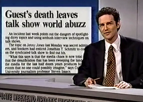 NormSNLJokes's tweet photo. A Michigan man has been arrested for the murder of a co-worker following their joint appearance on "The Jenny Jones Show."

Jenny Jones says she's very upset over the incident. 

How upset?

Find out on the next "Jenny Jones"! https://t.co/pK9oWxoGuc