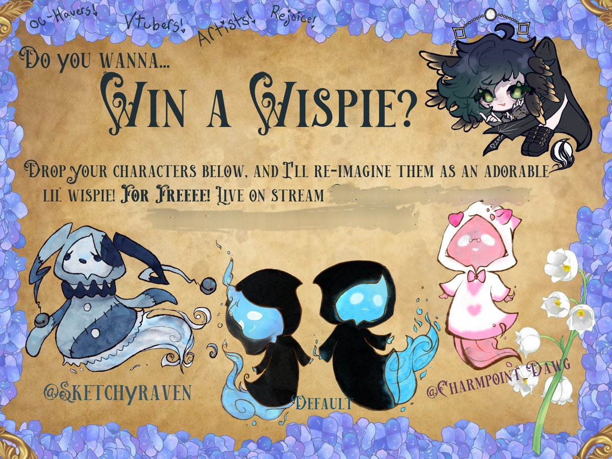 ProphetsPathVT's tweet photo. The time has come again! 
📯🕯Vtubers and Vtuber watchers! Comment your OC for a chance to have them drawn as an adorable wispie for FREEE! Tonight on stream! 

Likes and retweets appreciated! 💖✨️ https://t.co/bI1DgjQmPn
