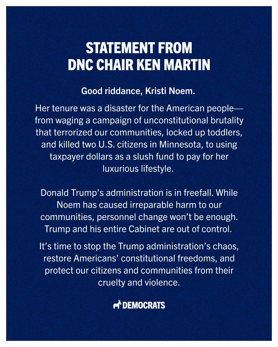 kenmartin73's tweet image. Read my statement below on Kristi Noem’s firing.