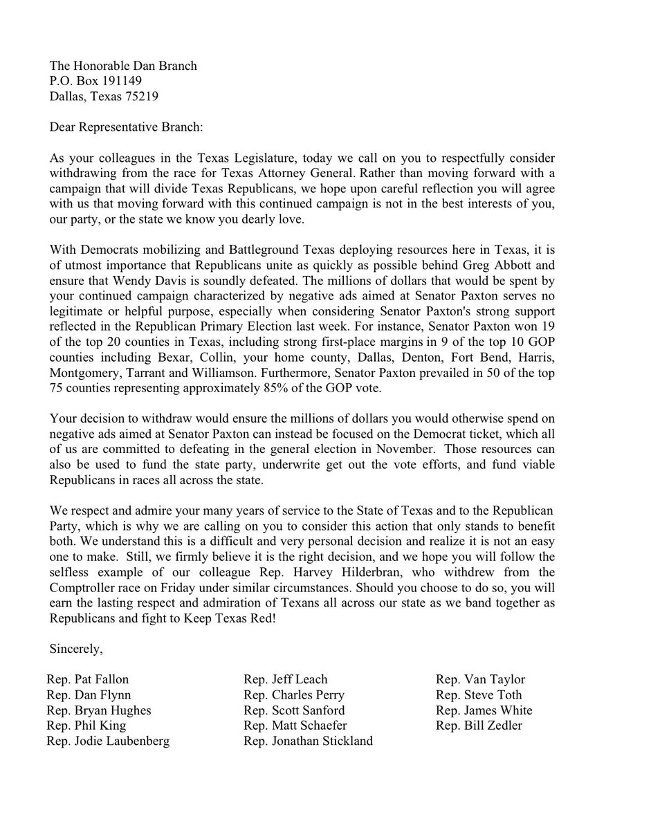 scottbraddock's tweet photo. Flashback to 2014: At that time @KenPaxtonTX circulated this letter among Texas House Republicans calling on Dan Branch to withdraw from the GOP runoff for Texas Attorney General, arguing a well-funded runoff would be nasty and divisive for the party #txlege https://t.co/9Irk79aT1p