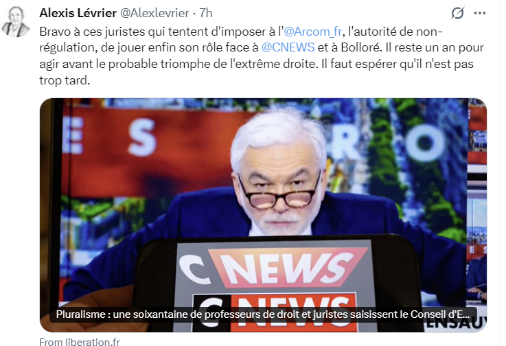 Donc,  en fait, il faudrait fermer #Cnews car sinon l'estraimedrouate risque de gagner les prochaines élections.
Les types qui signent un appel contre le groupe Bolloré, reprochent à l'ARCOM de ne pas assez "réguler" les médias.
Ces écrits ne sont-ils pas la démonstration