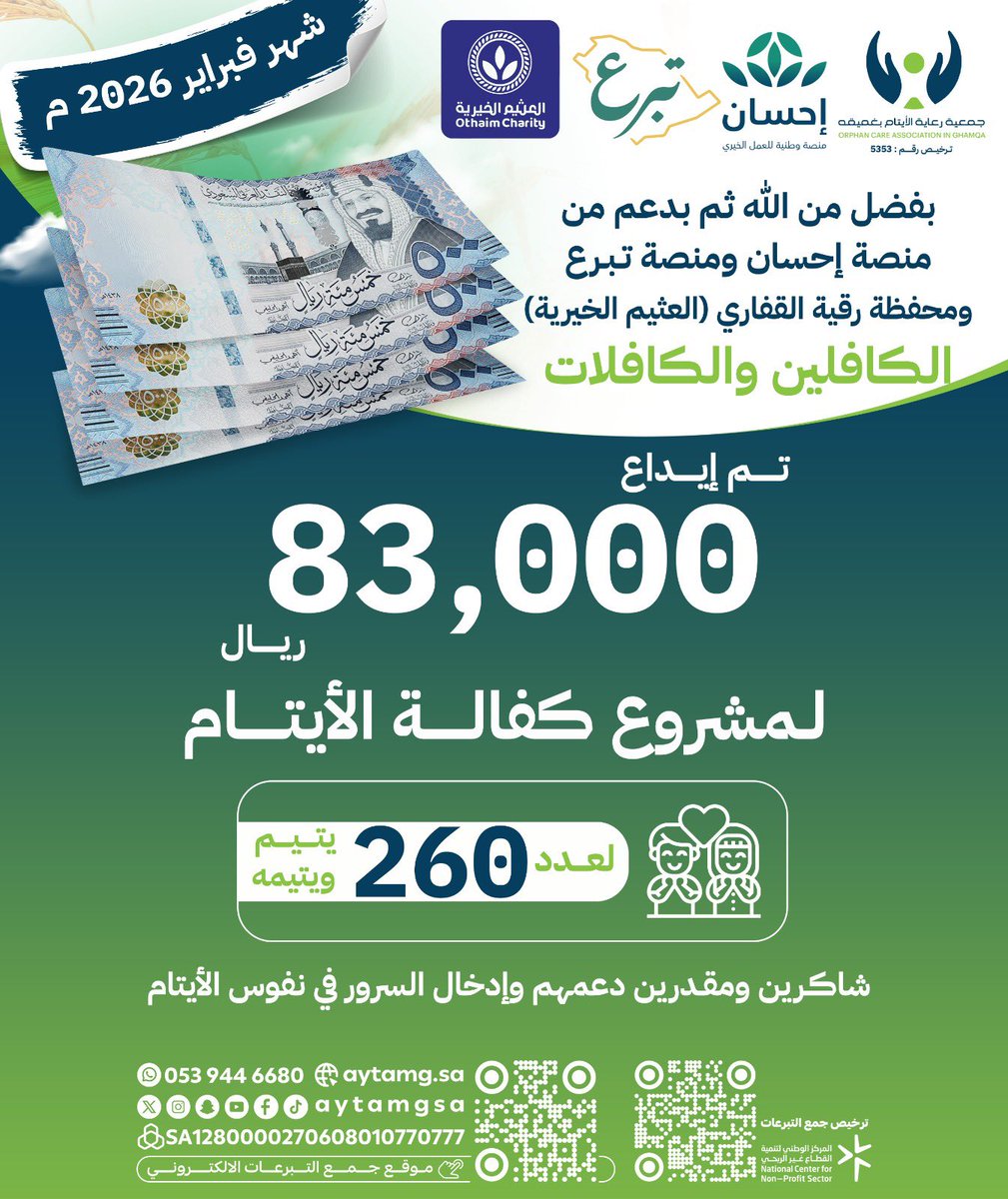 بفضل من الله سبحانه وتعالى؛
ثم بدعم من :
<a href="/EhsanSA/">منصة إحسان</a> , <a href="/DonationsSA/">‏المنصة الوطنية للتبرعات | تبرع</a> ، <a href="/AlothaimCharity/">مؤسسة عبدالله العثيم وأولاده الخيرية</a> ، الكافلين والكافلات :

تم إيداع #كفالة_الايتام لشهر فبراير  2026م
استفاد منها ( 260 يتيم ويتيمة ).

كن رفيق نبينا محمد ﷺ  في الجنة و #اكفل_يتيم عبر 👇
 aytamg.sa/p/86663
  
#غميقة