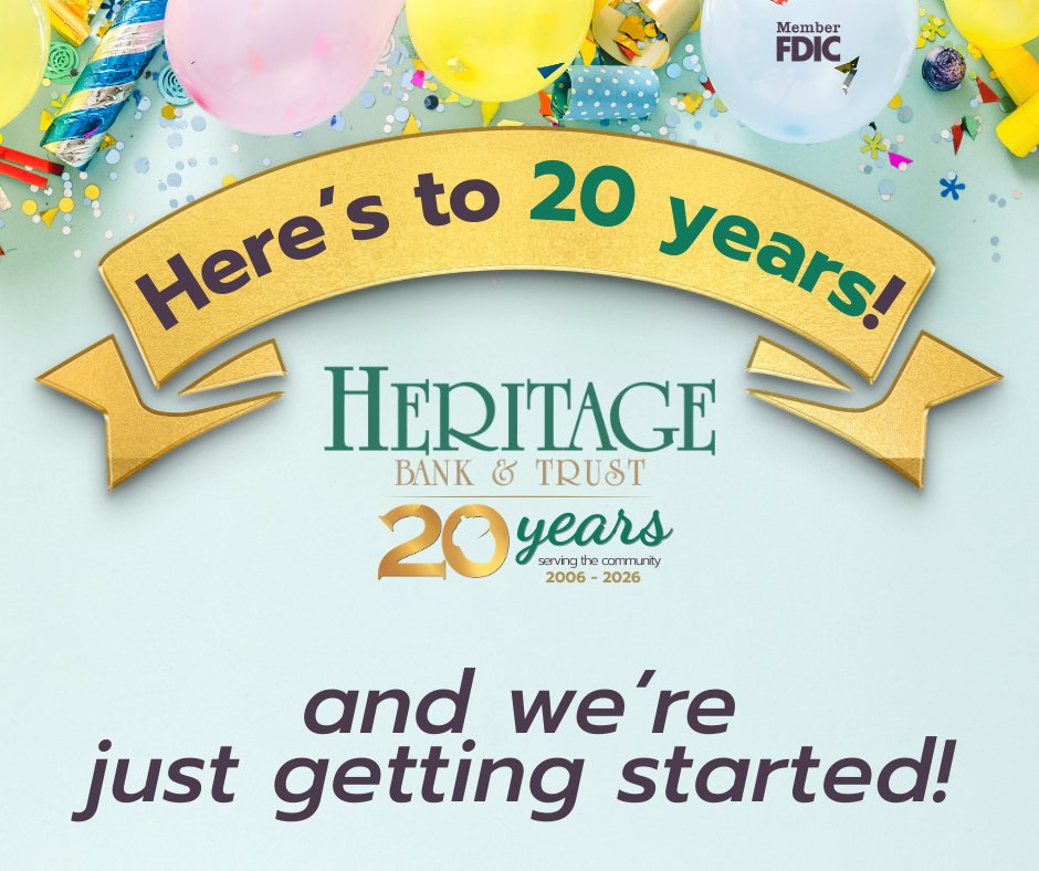 Take a walk down memory lane with the history of Heritage Bank &amp; Trust since 2006 and get a glimpse into the next 20 years and beyond. >heritagebt.co/20years
Here’s to 20 years – and we’re just getting started!
#HeresTo20years #MOVE2026 #weloveourcommunity #justgettingstarted