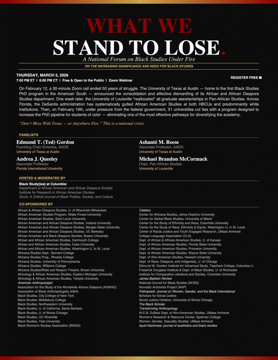 KUafs's tweet photo. Tonight: What We Stand to Lose: A National Forum on Black Studies Under Fire https://t.co/0uLTjgCLZ7