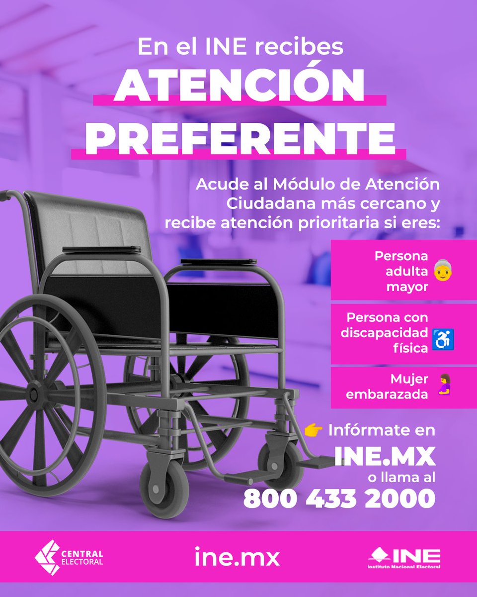 En el INE brindamos atención preferente a quienes más lo necesitan. 💜
Si eres persona adulta mayor, tienes discapacidad física o estás embarazada, recibe apoyo prioritario en tu Módulo más cercano.
👉 Infórmate al 800 433 2000.