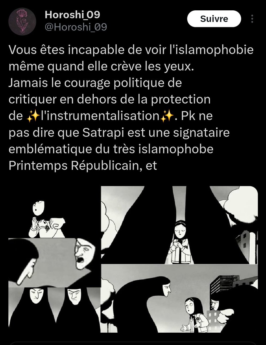 L’islamophobie mtn c’est une BD et un film qui critiquent les polices religieuses qui fliquent les tenues des femmes et leur impose h24 des codes de conduites basée sur du puritanisme religieux dans une théocratie ? 

Dites directement que vous êtes pro-Mollah bande de fumiers.
