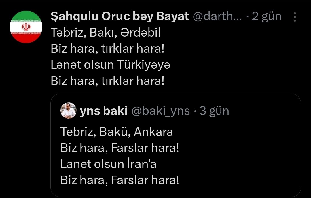 İran'a basa basa!
Biz hara, Farslar hara!
Tebriz gönülde yara!
Biz hara, Farslar hara!