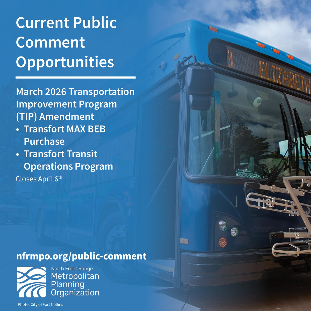 NFRMPO's tweet photo. The #NFRMPO has a public comment opportunity available for the March 2026 Transportation Improvement Program (TIP) Amendment available now! View the full details and share your comments online at https://t.co/VW2u9Wh69T. https://t.co/79EluGG3Pg