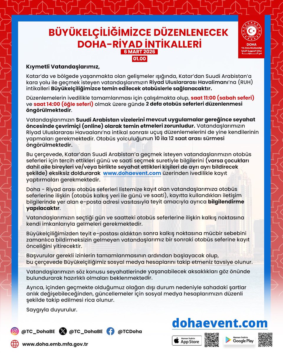TC_DohaBE's tweet photo. 📢📢BÜYÜKELÇİLİĞİMİZCE DÜZENLENECEK DOHA-RİYAD İNTİKALLERİ

Kayıt için: https://t.co/fUUU8lcy3E https://t.co/XRyb2qOcLV