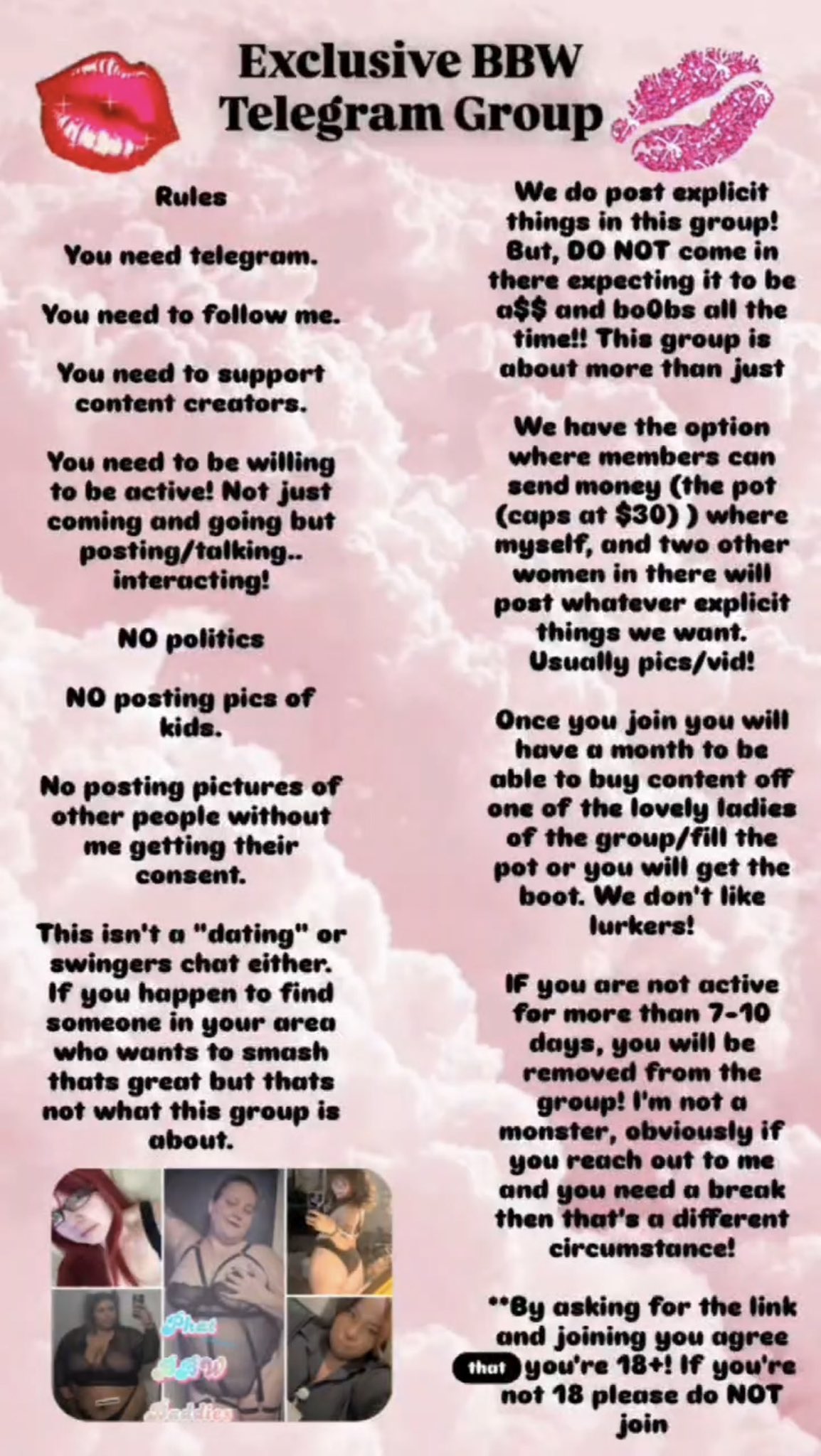 2 pic. Exclusive BBW telegram group with spots open!! Welcome to PHAT BBW BADDIES!! Come play with us 😈 This group host MANY things, and while we do LOVE to get naughty here (and trust me we DO!) this group also features casual chatting, and other SWF things! Content creators https://t.co/GU5rS4VFNn