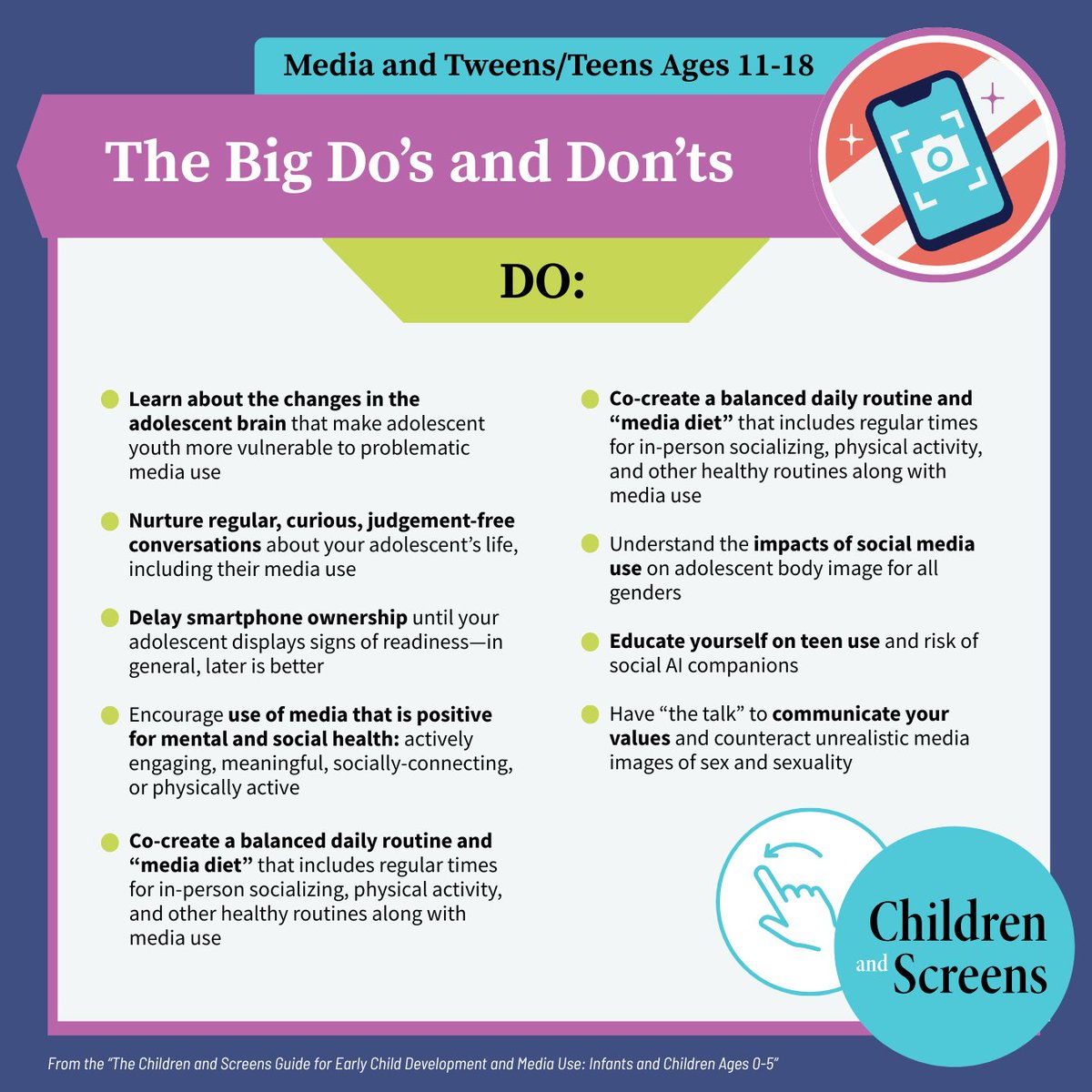 childrenscreens's tweet image. What are the big "Do's" and "Don'ts" around #DigitalMedia use for supporting tweens’ and teens’ optimal development and growing independence?

Find out in the NEW Ages 11-18 Guide -- the most comprehensive guide for raising teens in the #DigitalAge. Learn more: