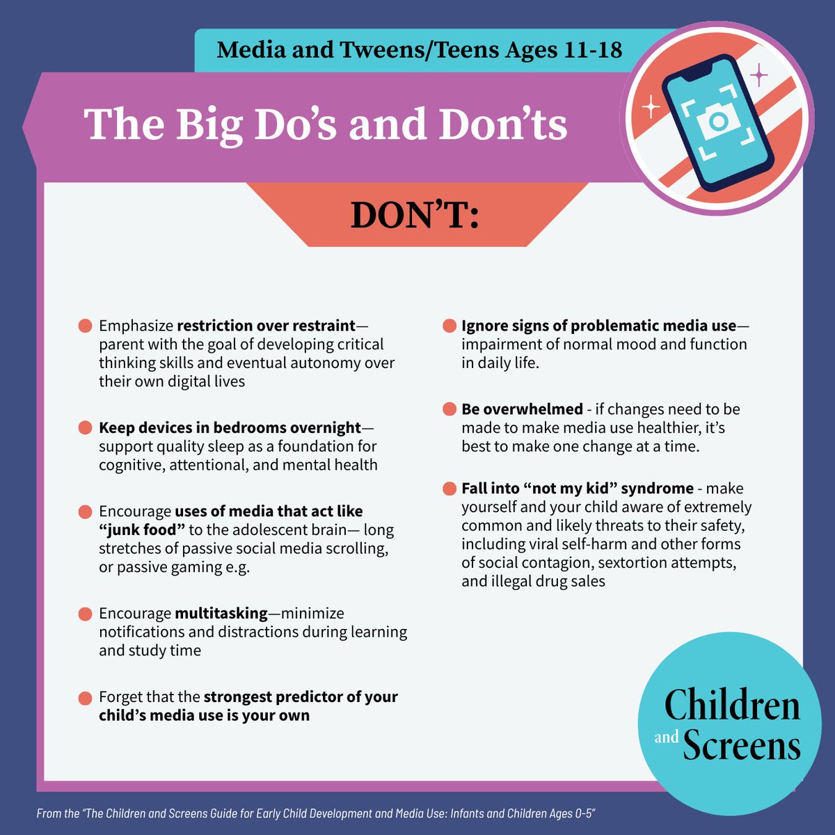 childrenscreens's tweet image. What are the big "Do's" and "Don'ts" around #DigitalMedia use for supporting tweens’ and teens’ optimal development and growing independence?

Find out in the NEW Ages 11-18 Guide -- the most comprehensive guide for raising teens in the #DigitalAge. Learn more: