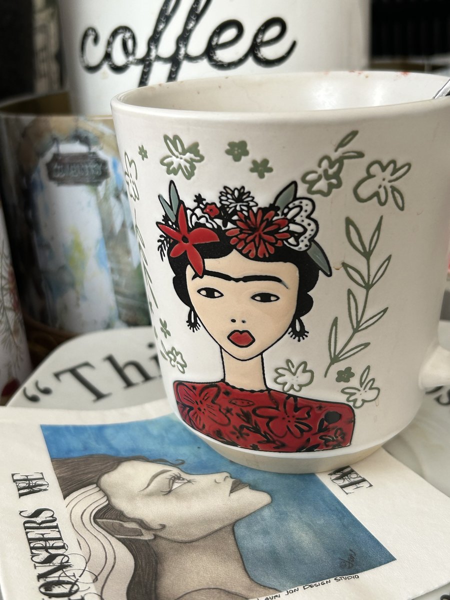LauriJon's tweet image. Added more words... up to 22,190 so far. Here's my Inspo for Positano... my Frida mug (and coffee). Yes, it really exists. My other activities today: Query, query, query. #Novella from #Script