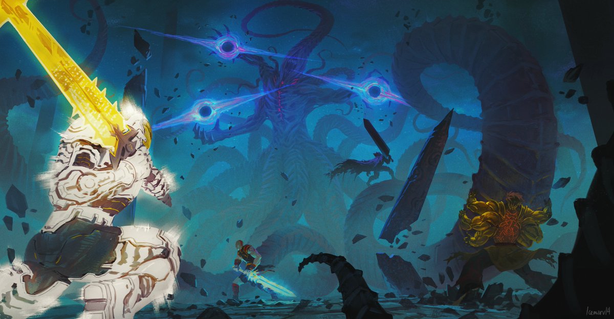 Day 157 of posting my #DOOM art commissions

At The End Of It All
The Slayer, Kratos, Guts, and Asura strike down Nyarlathotep, a devil that thought itself a God.

God of War x Asura's Wrath x Berserk
Crossover art by <a href="/icemarv14/">Icemarv14</a>