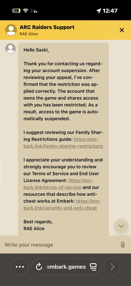 KFK_8's tweet photo. Unfairly Banned
I’m the OWNER of @ARCRaidersGame (Purchased Jan 2) Banned for a guests error via @Steam Family Sharing
SID: d6gl0k8to7lkfs4oar5g proves I’m the OWNER but @EmbarkStudios support (Alice) is clueless &amp; thinks I'm the guest
Fix this error
#ARCRaiders #Steam #UnfairBan https://t.co/u9c9N4mNll