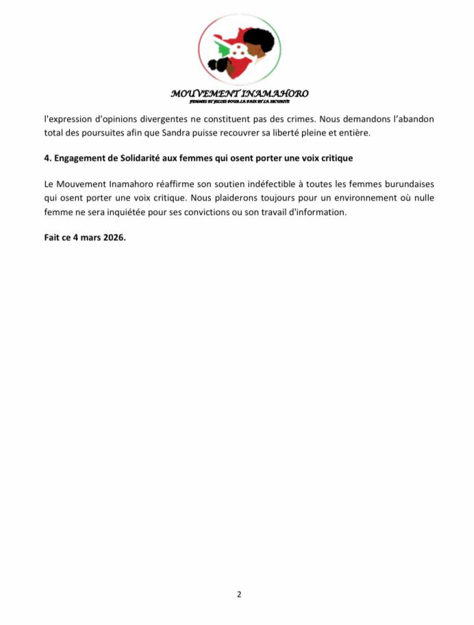 Inamahoro_Ba's tweet photo. #Burundi : Le mouvement INAMAHORO salue la décision de libération provisoire de Sandra Aline Muhoza
@DefendDefenders
@BurundiGov
@GeneralNeva
@RSF_inter
@hrw_fr
@EACJCourt
@IFJGlobal
@NtareHouse https://t.co/t6YQ6854F8