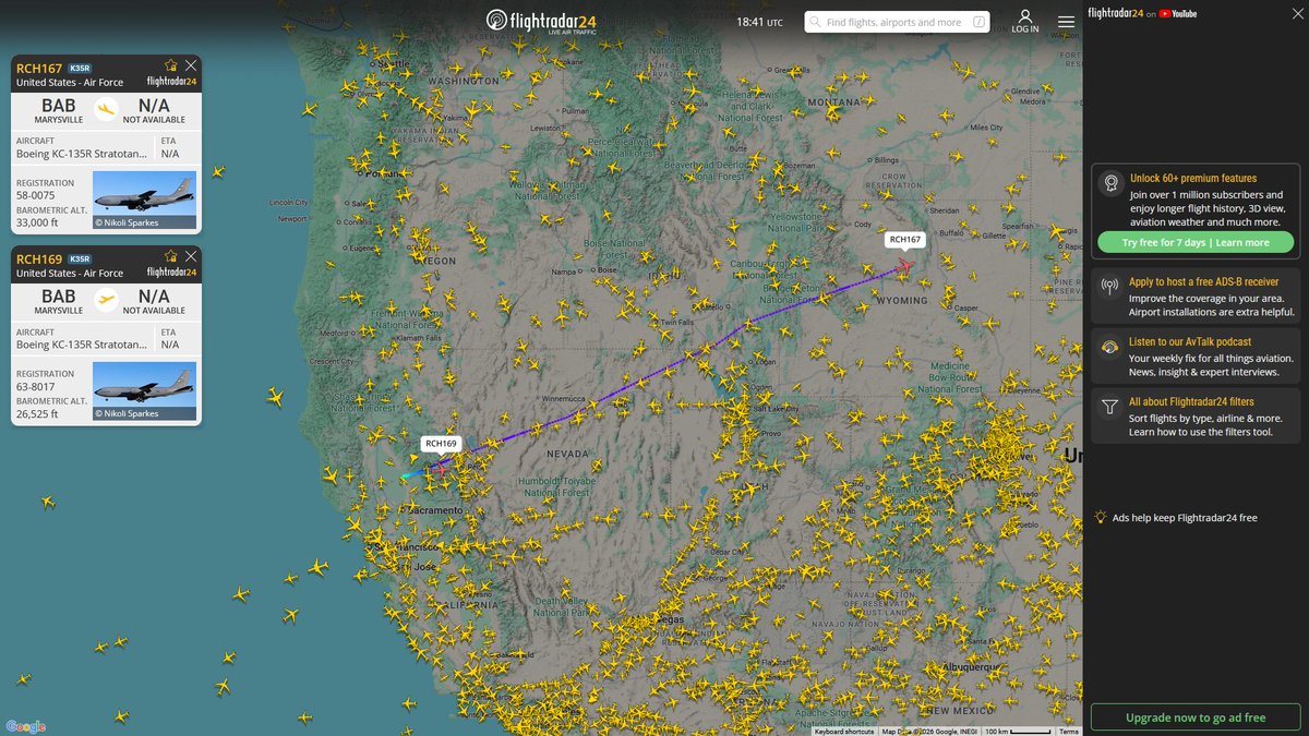 AIYeyENGDdJkjTr's tweet image. Mar. 6, 2026
#Beale Air Force Base ==&amp;gt; #Bangor

#RCH167 #AE0591 KC-135R Stratotanker 
#RCH169 #AE07C1 KC-135R Stratotanker 
#RCH177 #AE0474 KC-135R Stratotanker  
#RCH179 #AE026F KC-135R Stratotanker  
#RCH182 #AE04CD KC-135R Stratotanker  
#RCH193 #AE068E KC-135R Stratotanker