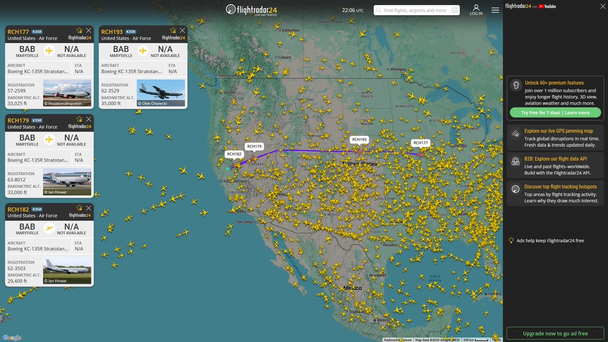 AIYeyENGDdJkjTr's tweet image. Mar. 6, 2026
#Beale Air Force Base ==&amp;gt; #Bangor

#RCH167 #AE0591 KC-135R Stratotanker 
#RCH169 #AE07C1 KC-135R Stratotanker 
#RCH177 #AE0474 KC-135R Stratotanker  
#RCH179 #AE026F KC-135R Stratotanker  
#RCH182 #AE04CD KC-135R Stratotanker  
#RCH193 #AE068E KC-135R Stratotanker