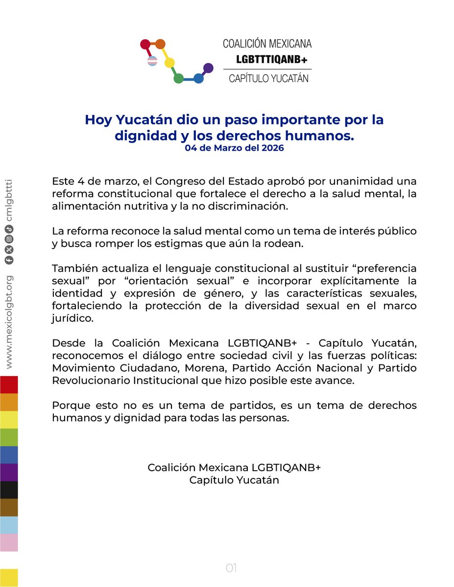 cmlgbttti's tweet photo. Yucatán da un paso importante en DDHH. ✨
El Congreso actualiza el lenguaje constitucional: sustituye “preferencia sexual” por orientación sexual e incorpora identidad y expresión de género y características sexuales. 🌈
Un avance para la dignidad y la no discriminación. ⚖️ https://t.co/1WNGQu0DXO