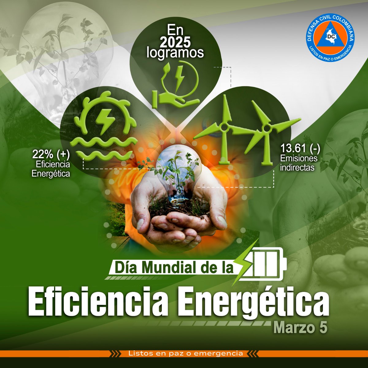🌎 Hoy, Día Mundial de la Eficiencia Energética 💡
En Defensa Civil Colombiana, alcanzamos 22% de eficiencia energética en 2025, reduciendo consumo y emisiones. 

¡Sigamos trabajando por un futuro sostenible!
