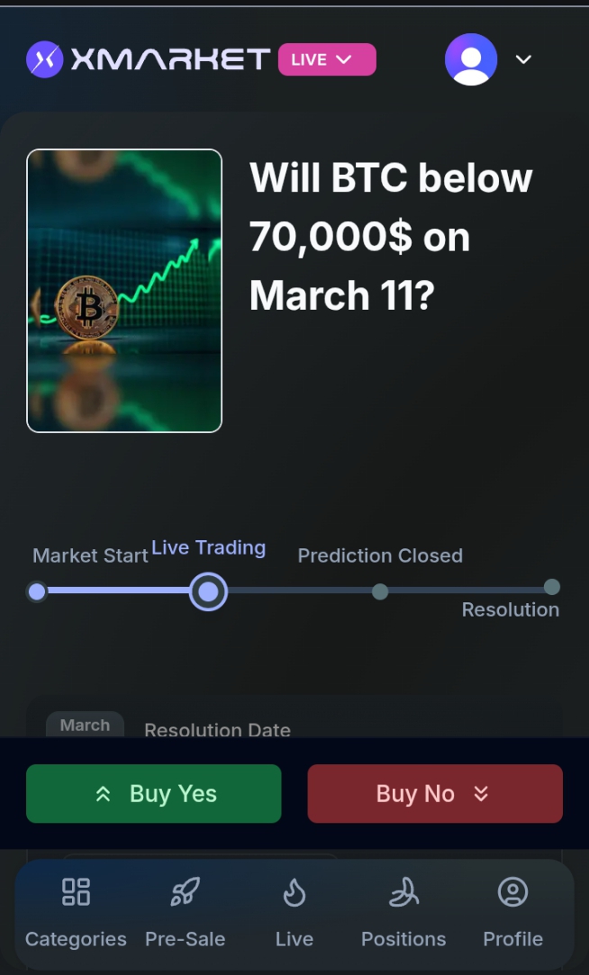 Faithmeta_x's tweet photo. Happy weekend fams 

Today I decided to test my conviction on @Xmarketapp  

There’s a market asking if BTC will drop below $70k by March 11, and I picked YES.
Right now BTC is around $71k, so let’s see how it plays out.

What I like about Xmarket is how simple it is.
You’re not staring at charts all day, you’re just answering a simple question: Yes or No.

If your read on the market is right, you win.
Simple idea, but very interesting in practice.