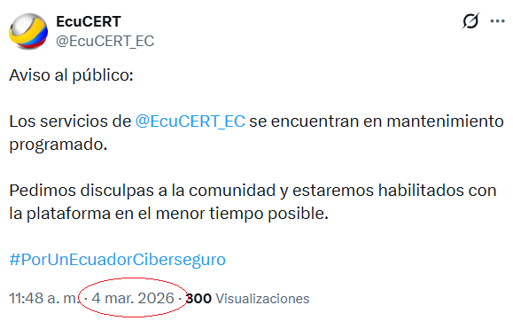 Gastamos recursos en tener un Consejo, hacer una Estrategia, en aprobar una Ley de #Ciberseguridad en #Ecuador, para que tengamos que alertar al cSIRT que su web está caída, y decir recién al día siguiente que están en "mantenimiento programado"... ciberseguridad le llaman